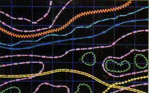 Figure 1. Drawings annotated with the complex line types provided by mainframe CAD Systems can be translated into AutoCAD and reannotated. This is an example of how the raw data (points in a polyline) differs from the visual representation (custom line type). This is an example of how the raw data (points in a polyline) differs from the visual representation