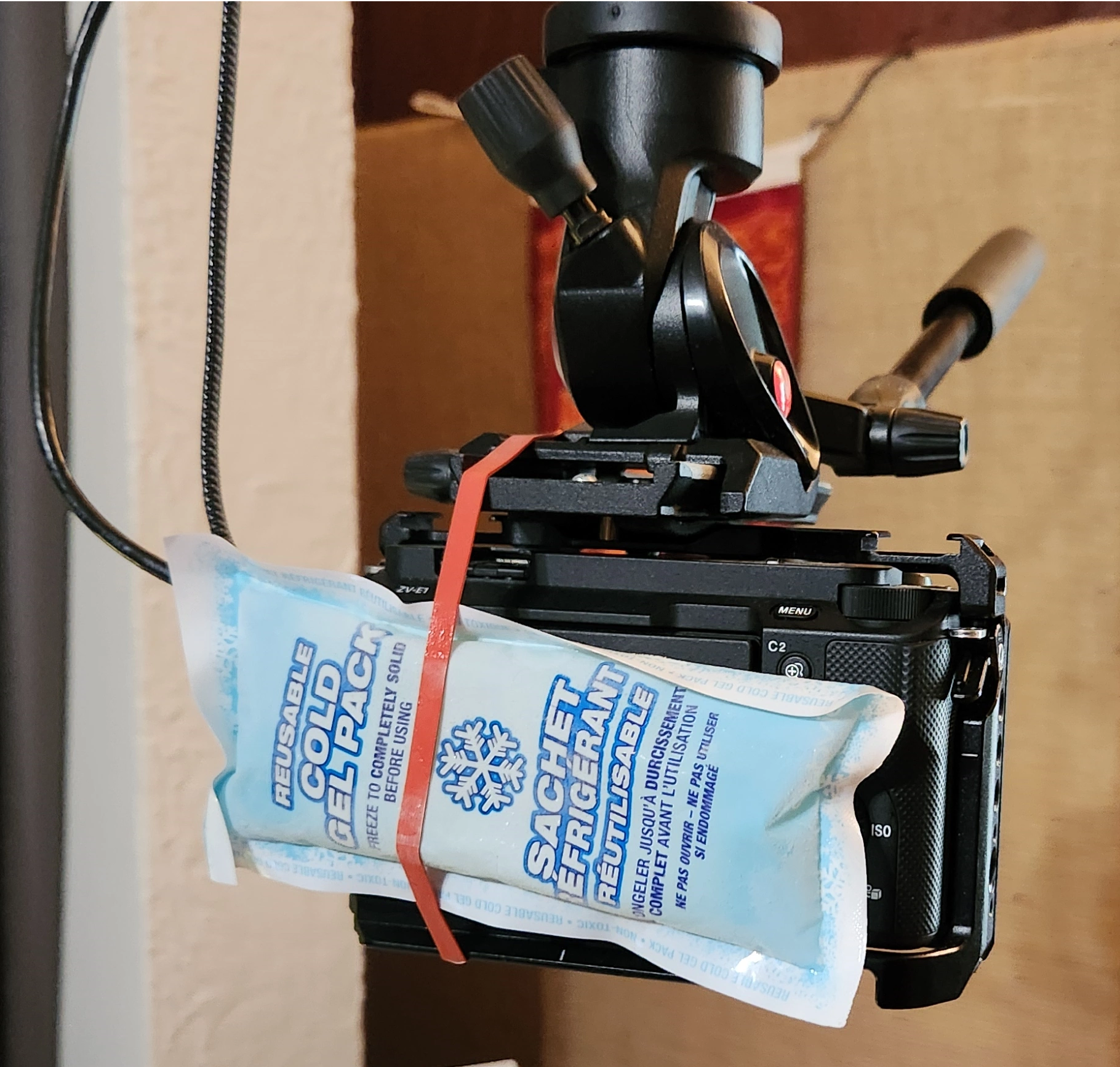 A waterproof barrier is necessary to protect the camera from condensation from the ice pack (not shown).
