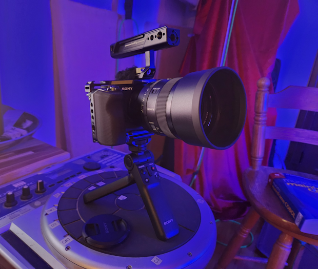 New camera setup perched on an old Roland electronic hand drum.<br>The shotgun microphone has not arrived yet. New camera setup perched on an old Roland electronic hand drum.<br>The shotgun microphone has not arrived yet.