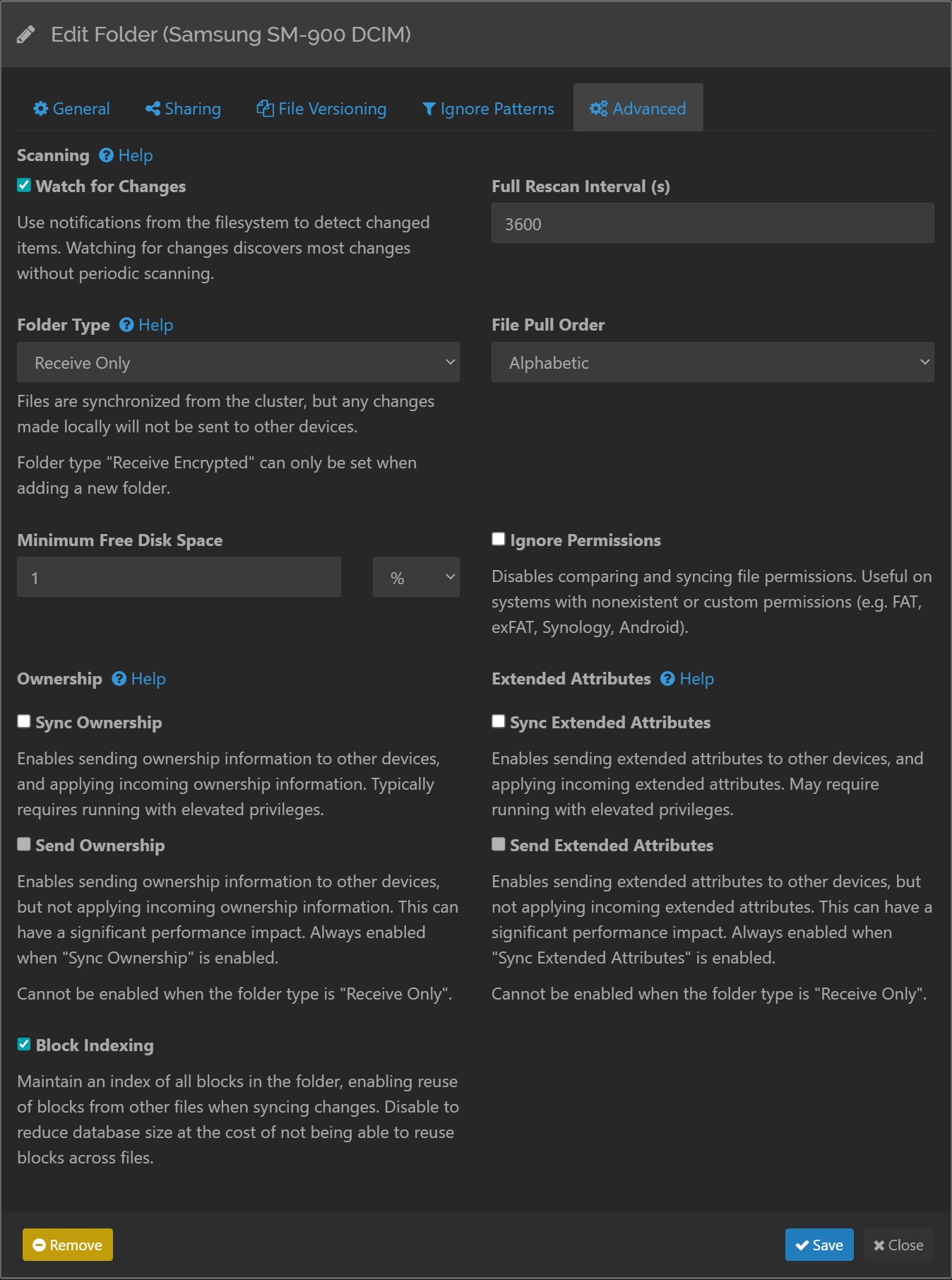 SyncTrayzor Edit Folder Advanced