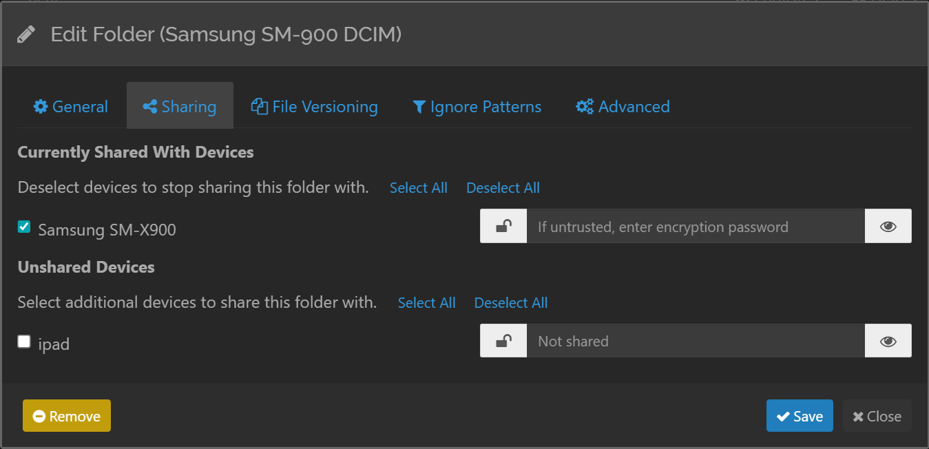 SyncTrayzor Edit Folder Sharing