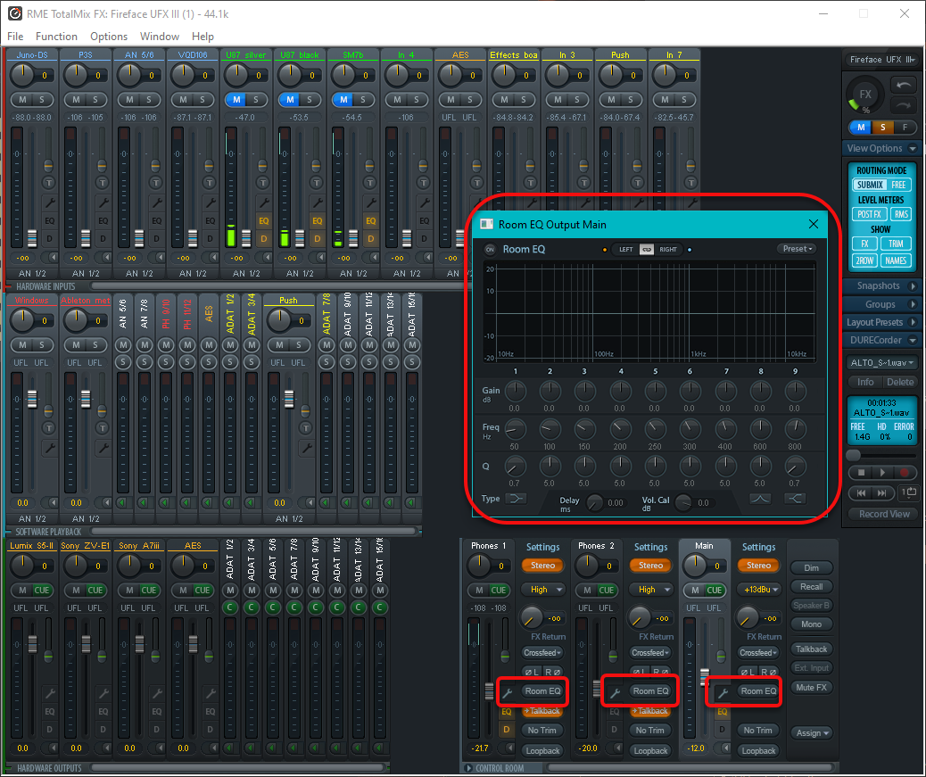 The Room EQ panel is labeled with the name of the output channel it is displaying (Main).