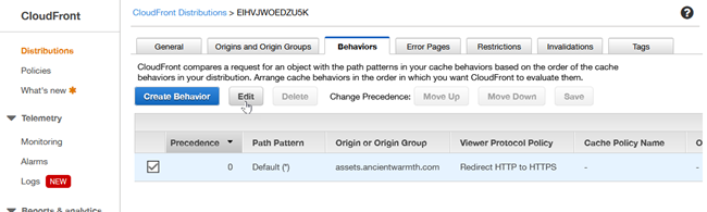 CloudFront / Edit Distribution / Behaviors <br> About to click on <b>Edit</b> (default behavior) CloudFront / Edit Distribution / Behaviors <br> About to click on <b>Edit</b> (default behavior)