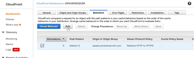 CloudFront / Edit Distribution / Behaviors <br> About to click on <b>Edit</b> (default behavior)