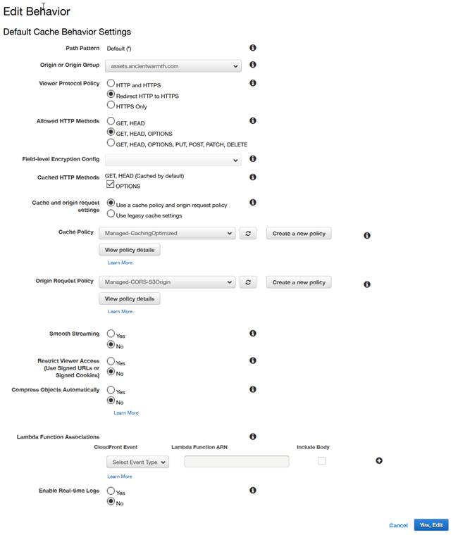 Editing default CloudFront distribution behavior