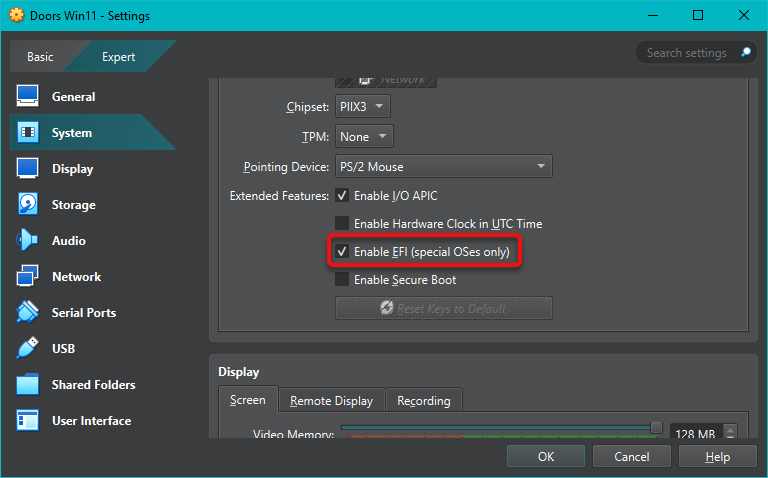 Enable EFI in the VirtualBox VM settings Enable EFI in the VirtualBox VM settings