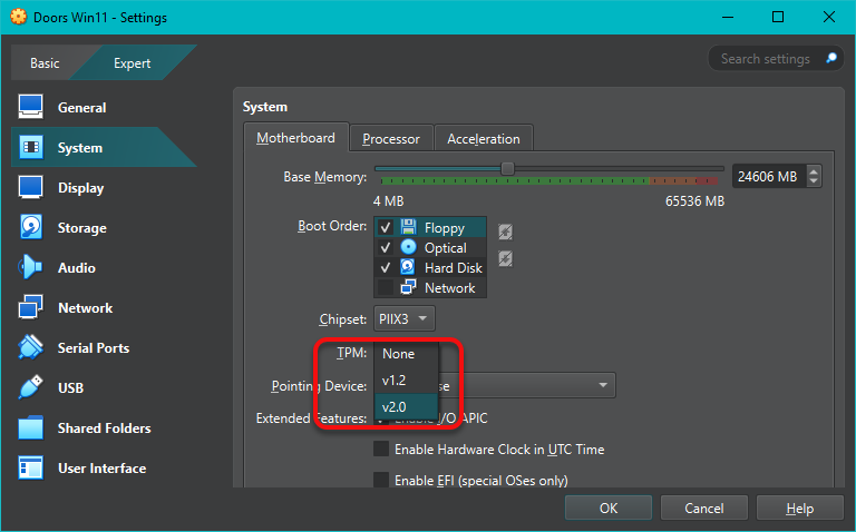 Enable TPM v2.0 in the VirtualBox VM settings Enable TPM v2.0 in the VirtualBox VM settings