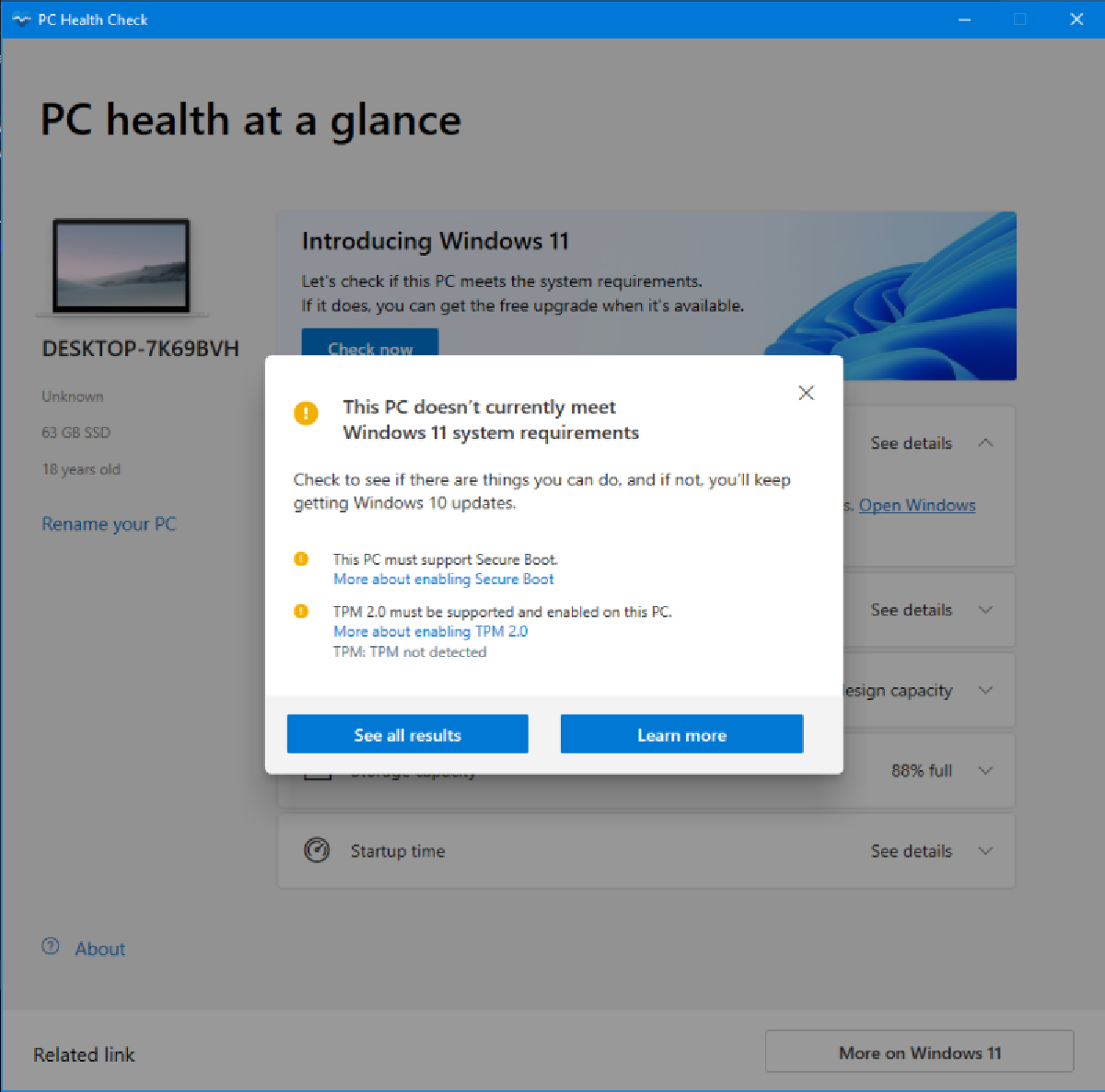 PC Health Check app shows that the client OS does not meet the requirements for Windows 11 PC Health Check app shows that the client OS does not meet the requirements for Windows 11