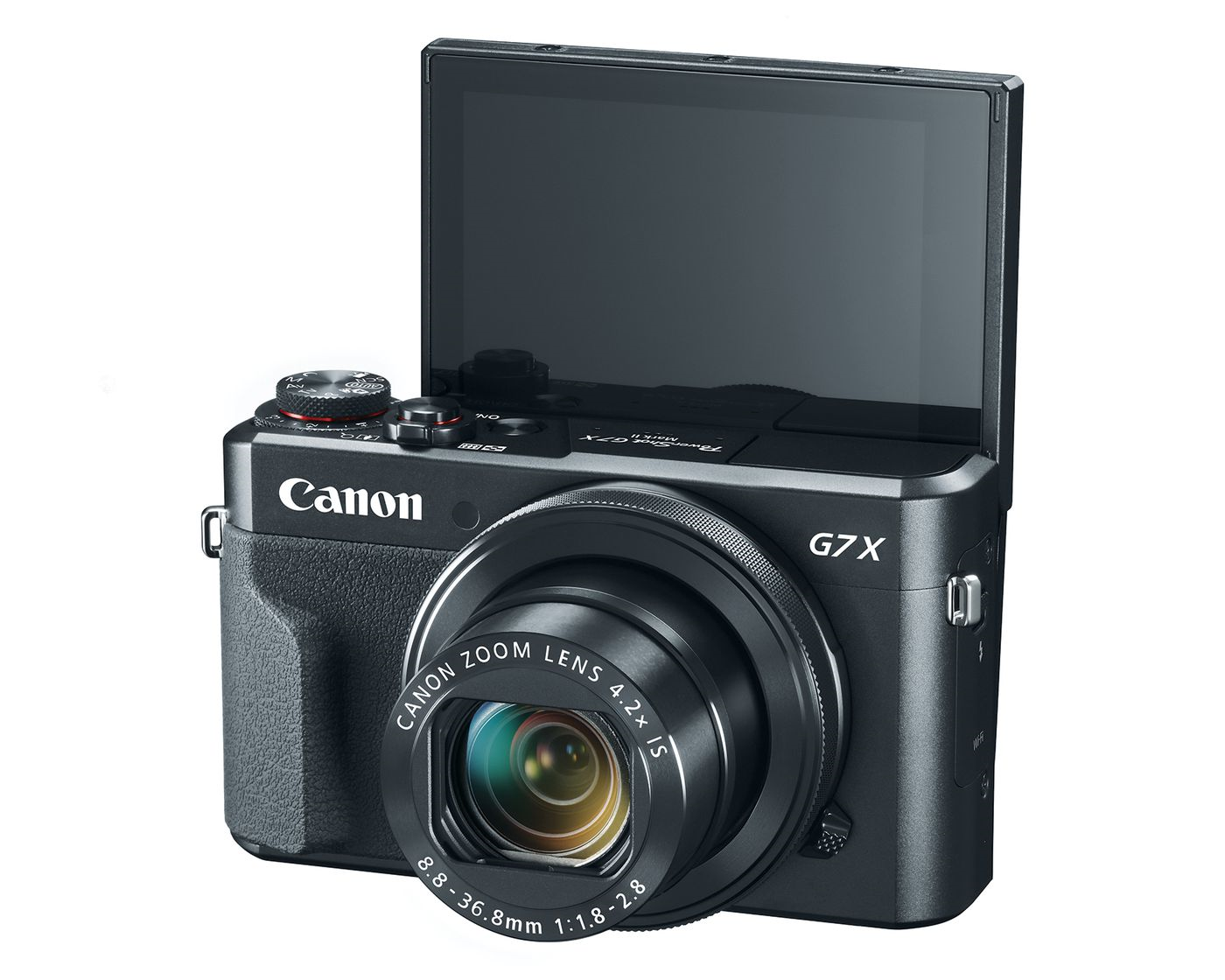 Canon Powershot G7x Mark II, showing its flip-up viewscreen