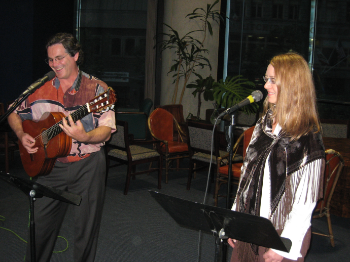 Mike Slinn and Cindie Steinmetz performing at the San Francisco Commonwealth Club