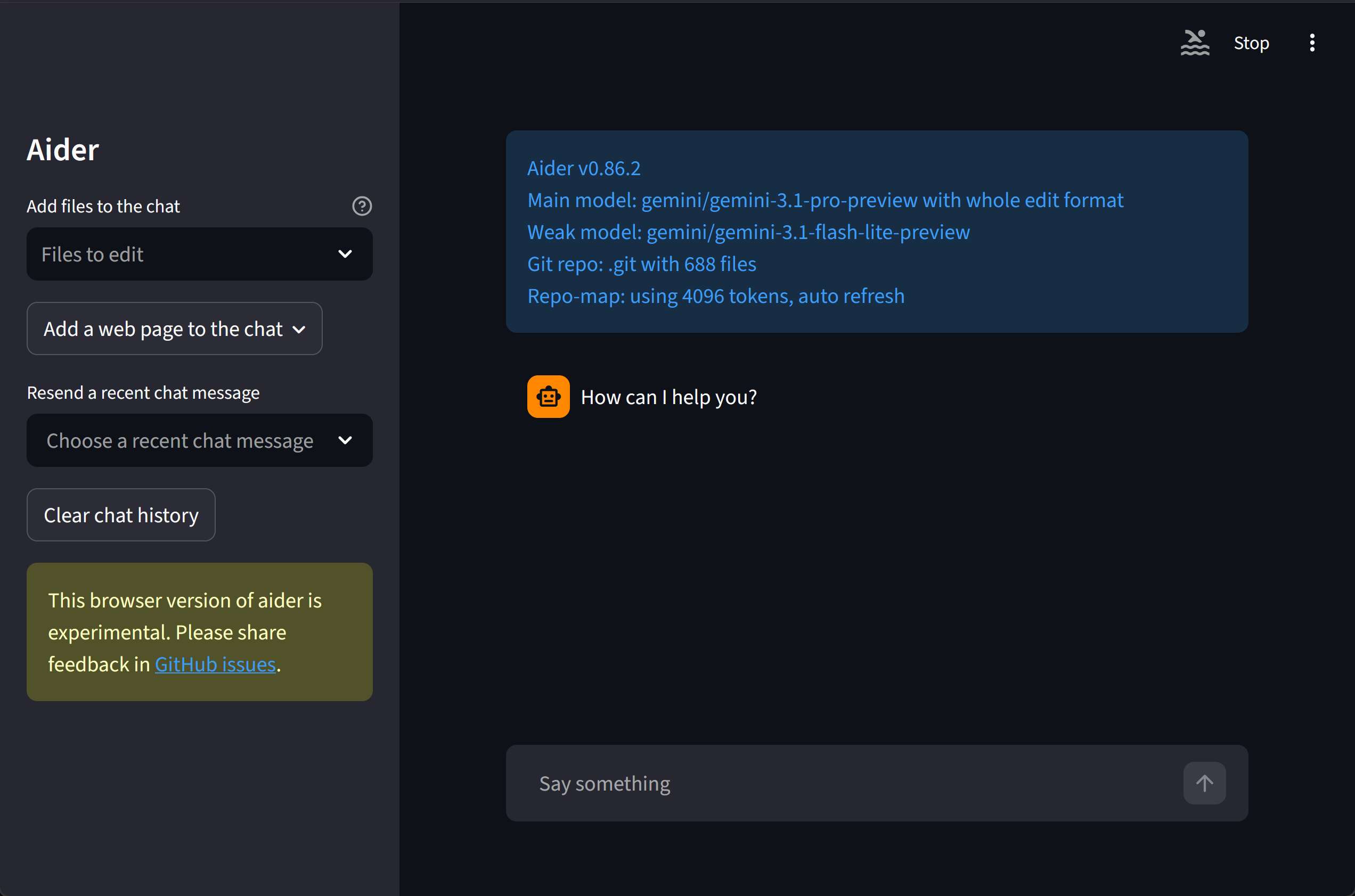 Aider displayed in a web browser on port 8501