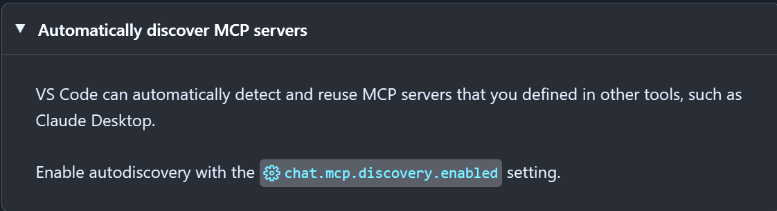 Enable MCP server autodiscovery with the <span class="code">chat.mcp.discovery.enabled</span> setting