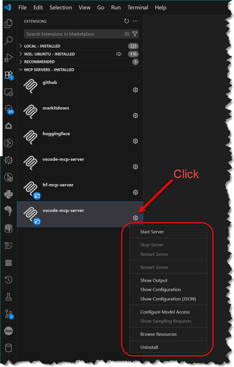 Open the settings menu for an MCP server by clicking on its gear icon Open the settings menu for an MCP server by clicking on its gear icon