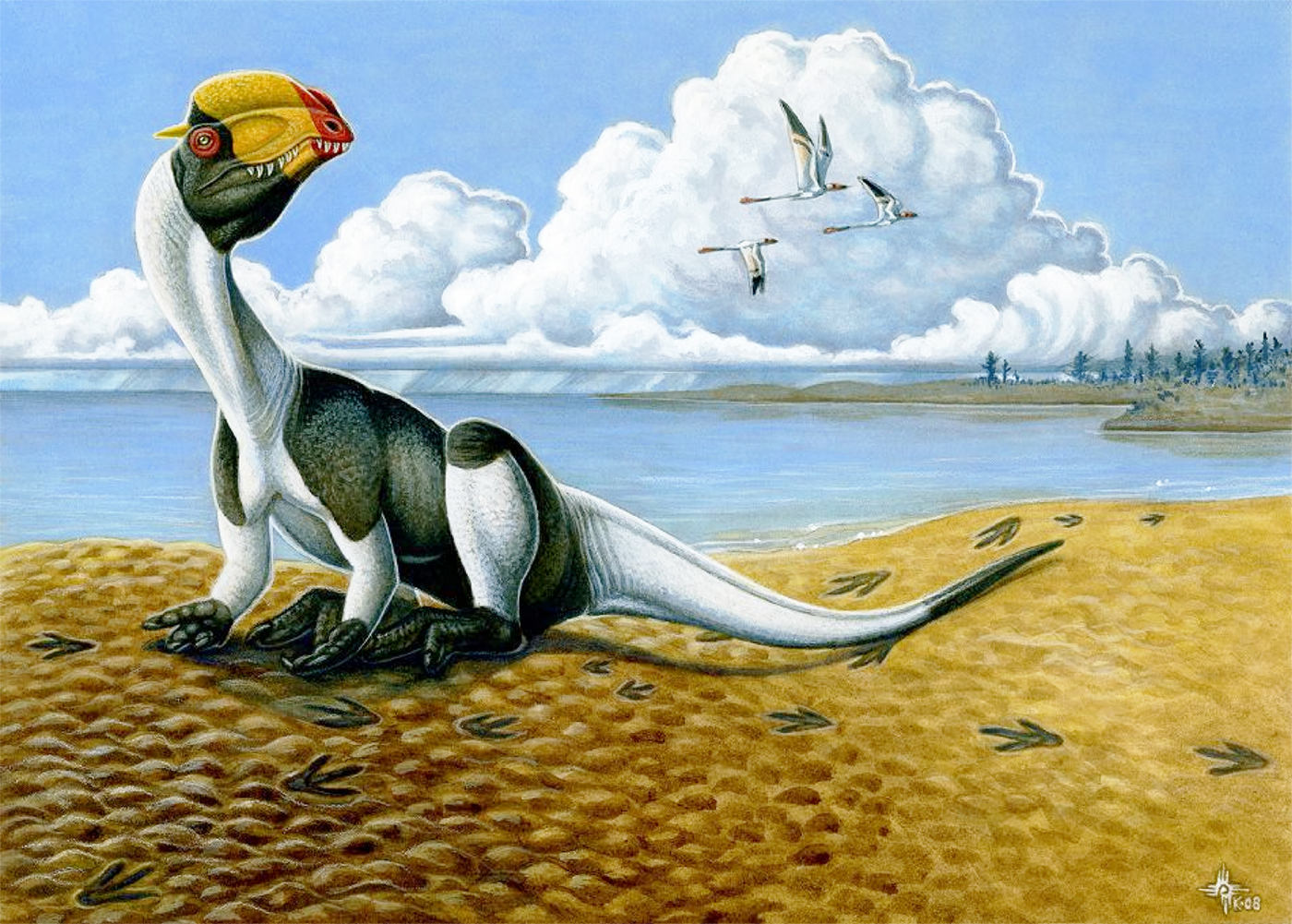 Restoration of Early Jurassic environment,<br>featuring the theropod Dilophosaurus Wetherilli