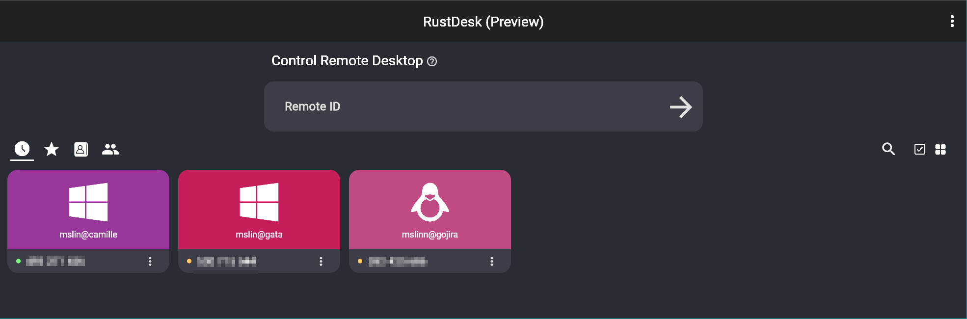 RustDesk web client showing 3 favorite remote computers RustDesk web client showing 3 favorite remote computers